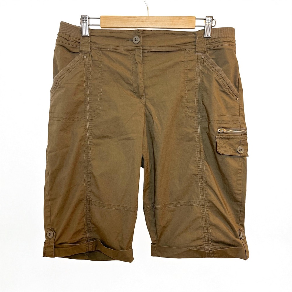 Chico's‎ Womens Brown Bermuda Shorts Elastic Waist Utility Casual Comfort